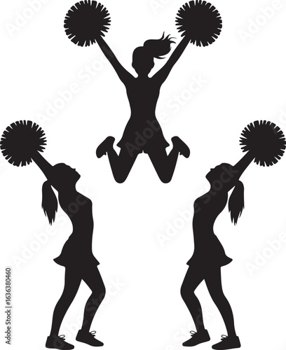 Three Cheerleader Silhouettes With Pom Poms In Dynamic Poses On White cheerleading pompons