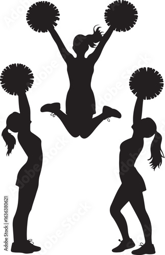 Three Cheerleader Silhouettes With Pom Poms In Dynamic Poses On White cheerleading pompons