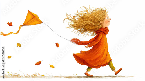 Autumn Whimsy Illustration: Girl in Red Dancing with Kite, Autumn Wind & Falling Leaves, Merging Childlike Innocence & Nature, Awaking Longing for Simple Beauty