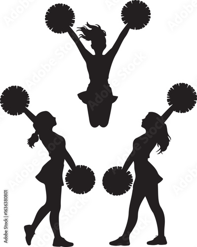 Three Cheerleader Silhouettes With Pom Poms In Dynamic Poses On White cheerleading pompons