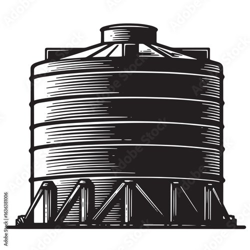 Illustrative black and white drawing of a water tank reservoir storage structure