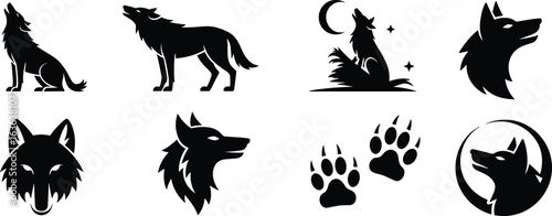 Wolf silhouette icon set, howling moon paw print, black white vector heads, wild animal clipart, tattoo logo design bundle