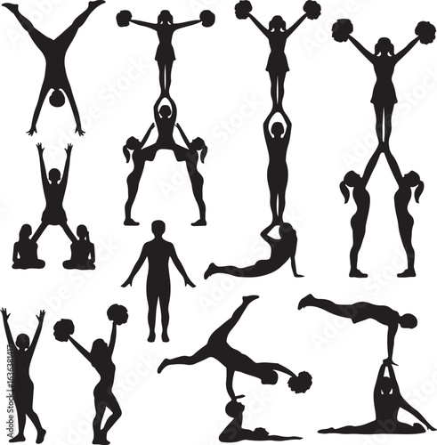 Collection of cheerleading silhouettes performing various stunts and poses Keywords: cheerleading