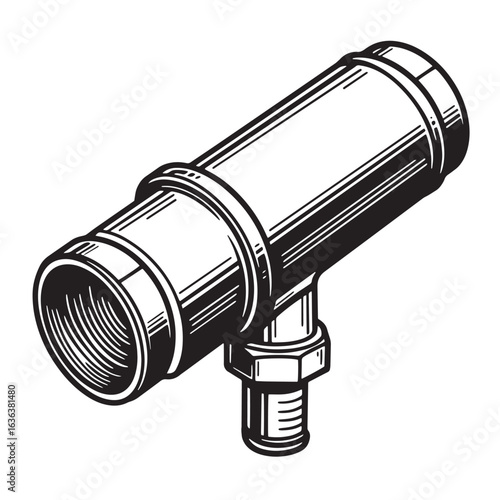 Isometric illustration of a black and white pipe fitting suitable for plumbing projects