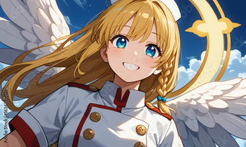 Bright anime nurse with angel wings and golden halo smiles warmly against a sunny blue sky, radiating hope and care in a vibrant fantasy medical-themed illustration perfect for stock images.