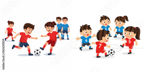 Flat Cartoon Illustration of Children Playing Competitive Soccer Game