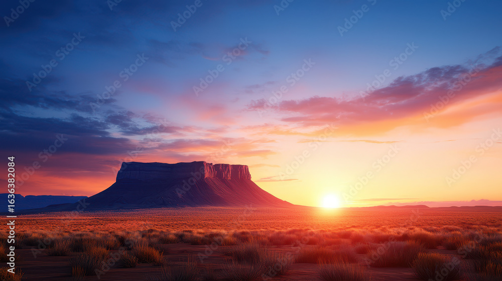 Naklejka premium Stunning sunset over vast desert landscape featuring prominent mesa. vibrant colors of sky blend beautifully, creating serene atmosphere