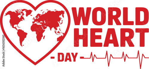Red heart shape with world map inside and text world heart day with electrocardiogram world heart day 2025 2026 image poster banner label social media post t shirt design logo vector download