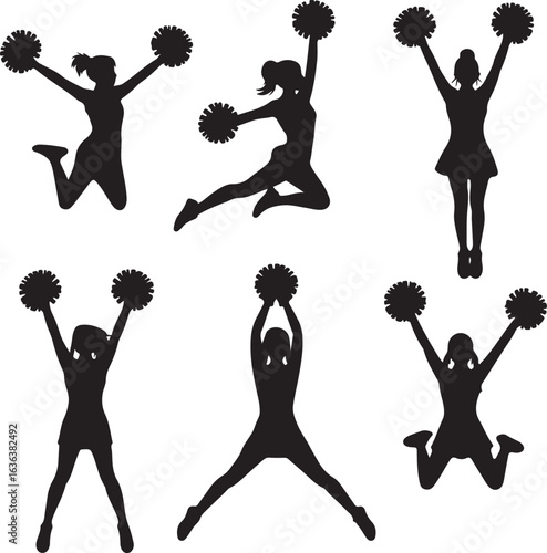 Six Cheerleader Silhouettes with Pom Poms in Dynamic Poses on White cheerleading pompons