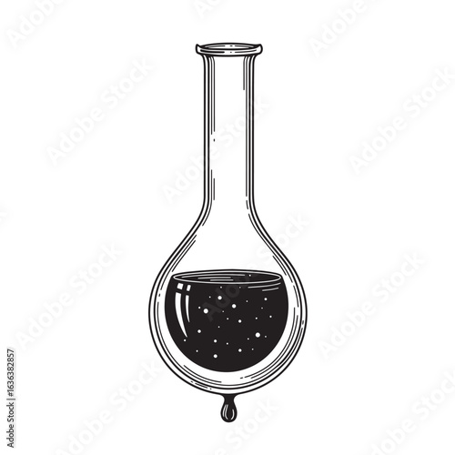 Vintage engraved illustration of laboratory flask filled with mysterious dark liquid