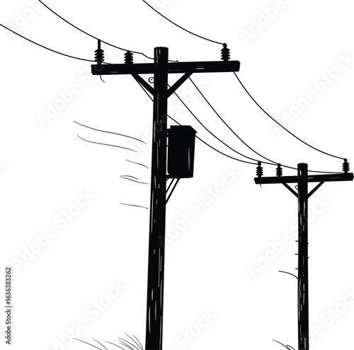 Silhouette of power lines, utility poles, electrical infrastructure, energy transmission, rural landscape, clear sky, electricity, power grid, outdoor, countryside