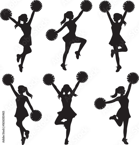 Energetic Cheerleader Silhouettes with Pom Poms in Action on White Background Keywords: cheerleader