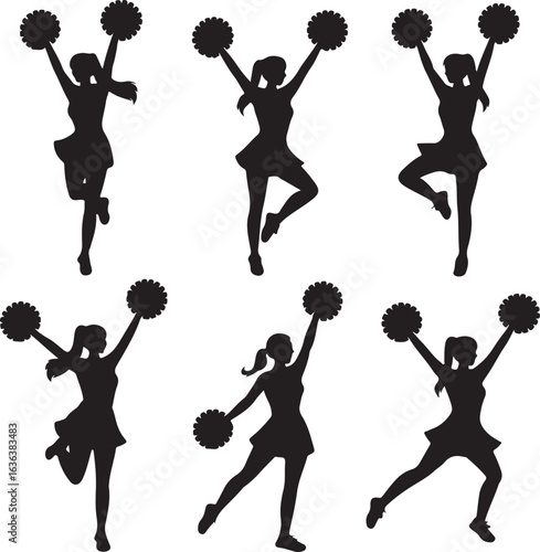 Six Silhouette Cheerleaders Posing with Pom Poms on White Background cheerleading pom-pom