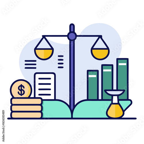 Open Ledger Book with Balance Sheets and Coins Vector Illustration on White Background