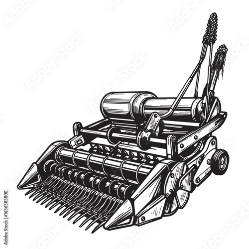 Vintage illustration of a grain harvester agricultural machine in black and white outline
