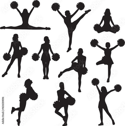 Silhouette Cheerleaders Posing with Pom Poms on White Background Keywords: cheerleader, cheerleading