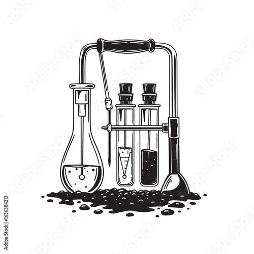 Vintage laboratory equipment illustration featuring beakers test tubes and chemistry experiments