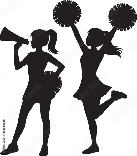 Silhouette Cheerleaders with Megaphone and Pom Poms Cheering Enthusiastically cheerleading