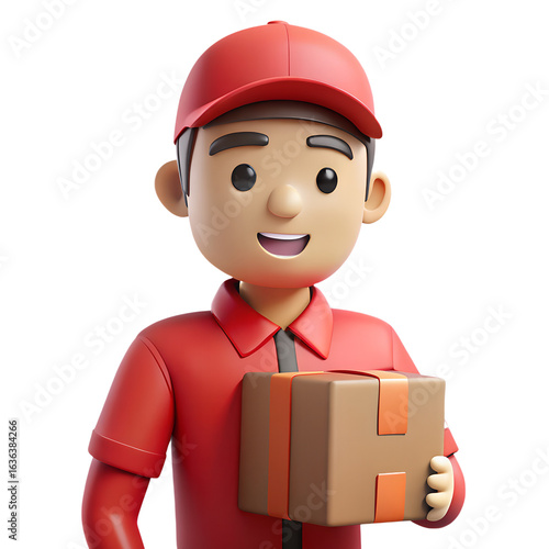 Happy delivery person in red uniform carrying box isolated on transparent background