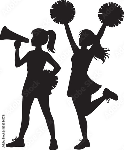 Silhouette Cheerleaders with Megaphone and Pom Poms Cheering Enthusiastically cheerleading