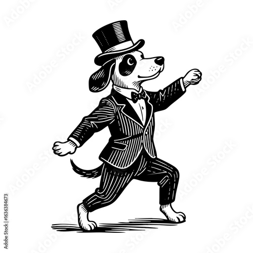 Intricate engraved illustration of	dog wear suit and top hat dancing draft silhouette drawing, black on white line art.