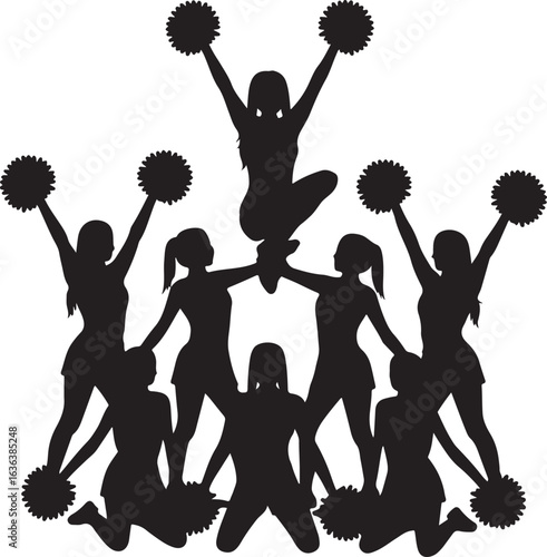 Silhouette cheerleaders performing a pyramid formation with pom poms cheerleading team
