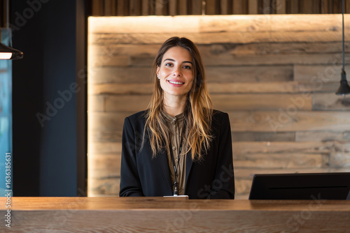 Portrait of receptionist in front of hotel, Selective focus smiling woman worker with formal suit on information counter.