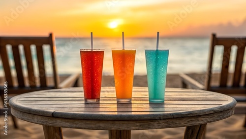Three colorful drinks on a table at sunset on a tropical beach