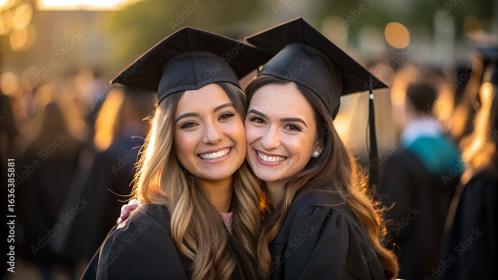 Obraz premium Two smiling female graduates in caps and gowns embracing outdoors