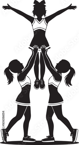 Cheerleader pyramid with one person on top cheerleading stunt