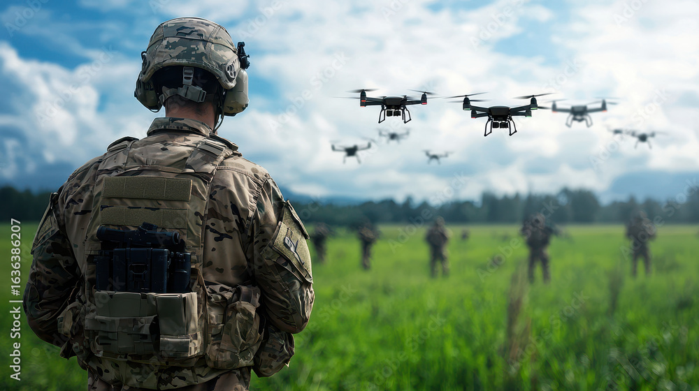 Fototapeta premium Soldier observing swarm of drones in green field, showcasing modern military technology and teamwork in action