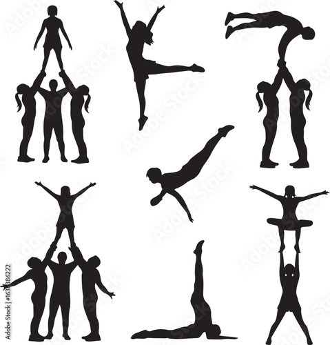 Silhouettes of people performing gymnastics and cheerleading stunts acrobatic