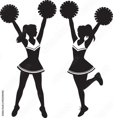 Two cheerleaders in silhouette jumping with pom poms cheerleading