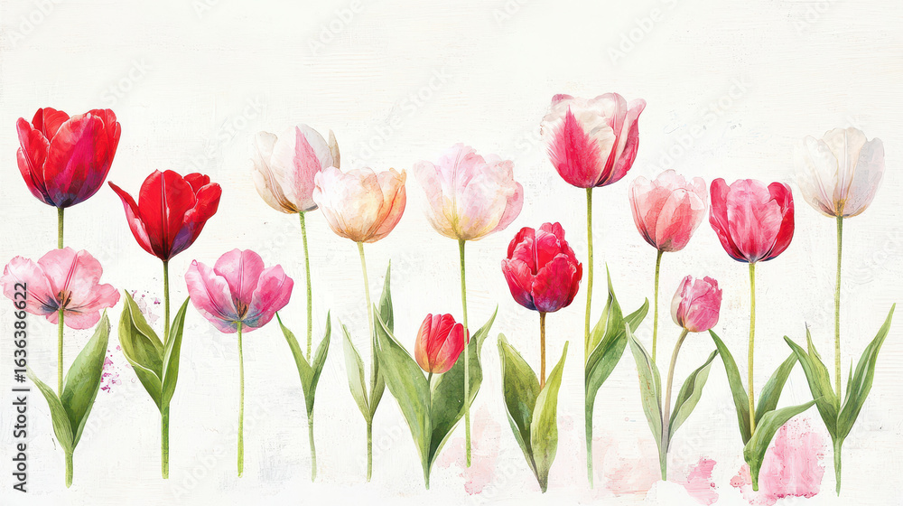 Fototapeta premium Vibrant tulips in various colors stand tall, showcasing their beauty and elegance in floral arrangement. This artwork captures essence of spring