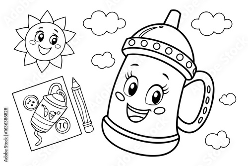 Coloring Pages, cute cartoon sippy cup for toddlers, colorless, uncolored, black and white for coloring book, coloring page, kids