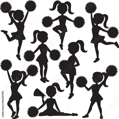 Silhouette cheerleaders with pom poms in various dynamic poses on white cheerleading girl