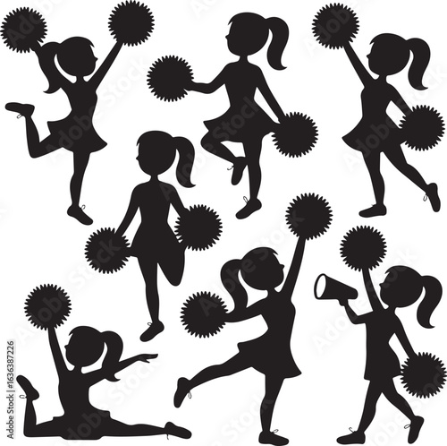 Cheerleaders with pom poms and megaphone in active poses silhouette cheerleading sport