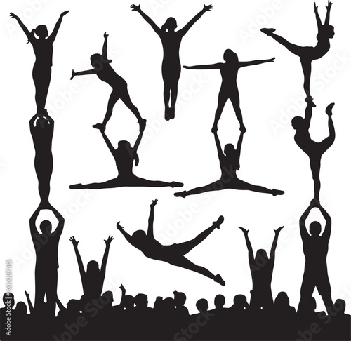 Silhouette cheerleaders performing stunts and poses on white background cheerleading sport