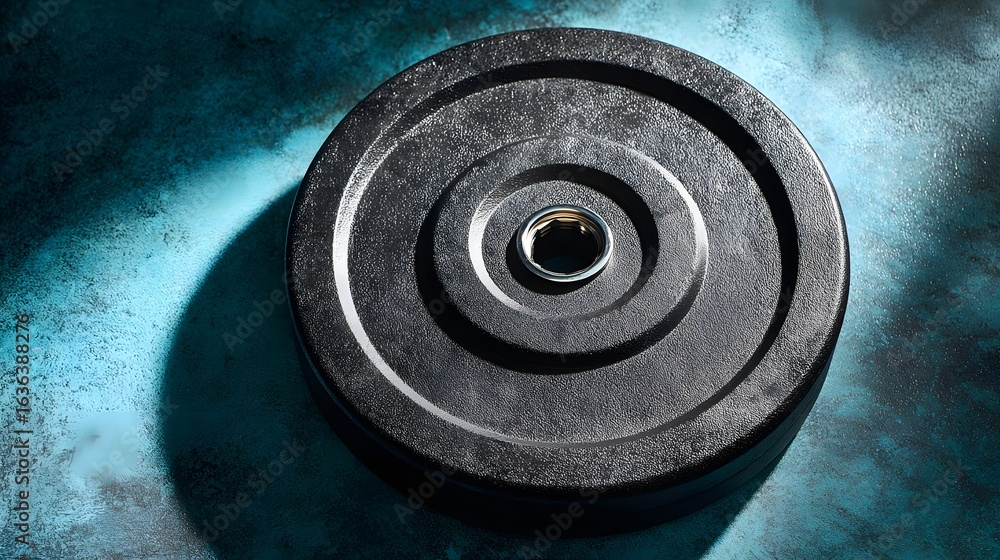 Obraz premium Close-up of a black weight plate on a textured surface.