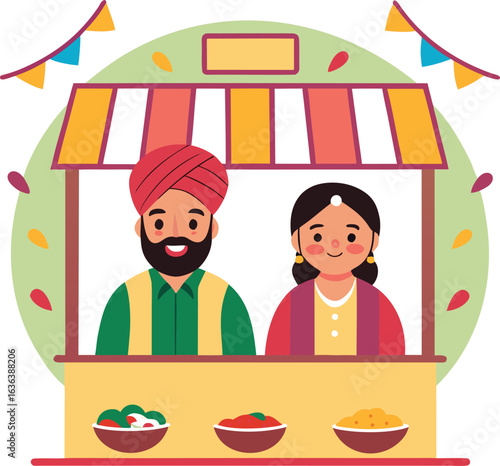 Indian couple at food stall with colorful decorations