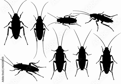 Vector silhouettes of cockroaches, depicting common household pests and the concept of infestation for pest control and hygiene themes.