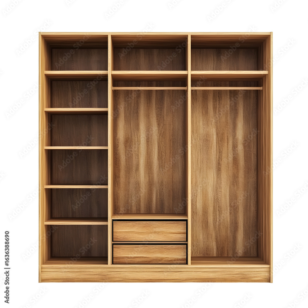Obraz premium Modern Light Brown Wooden Wardrobe with Shelves Isolated on White Background