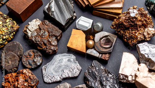 Close-up of various metal, rock, and mineral cut samples on a dark background, rare earth elements deal, highlighting their economic and technological significance