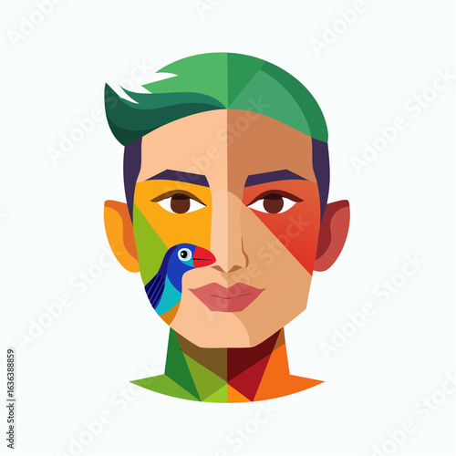 Stylized geometric portrait of a person's face fused with a vibrant bird, a creative graphic representing harmony with nature.