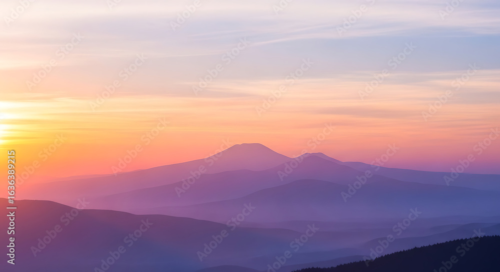 Obraz premium Majestic mountain peaks bathed in the warm glow of a vibrant sunrise, casting soft hues across the serene landscape.