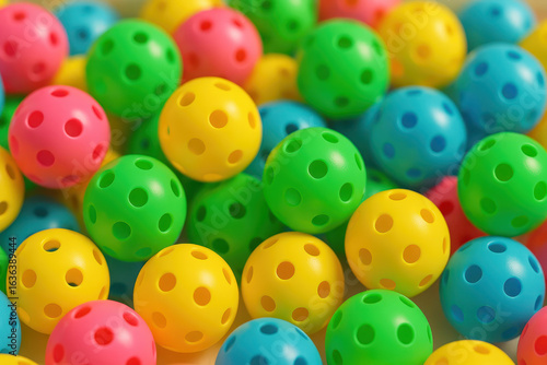 Pickleball balls in green yellow blue and red stacked together creating vibrant and playful background for pickleball sport enthusiasts