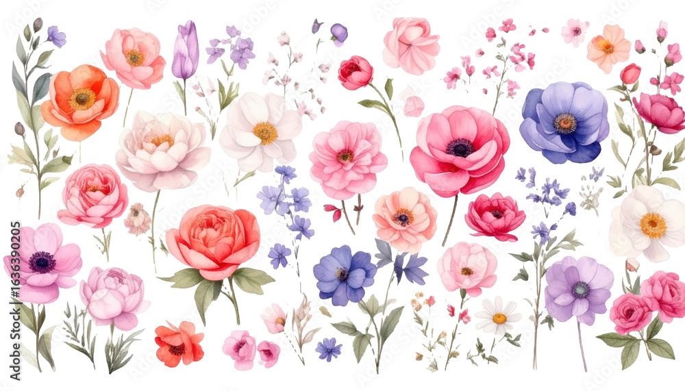 Fototapeta premium Watercolor floral elements set - bright peach color, white, pink, blue flowers, rose,