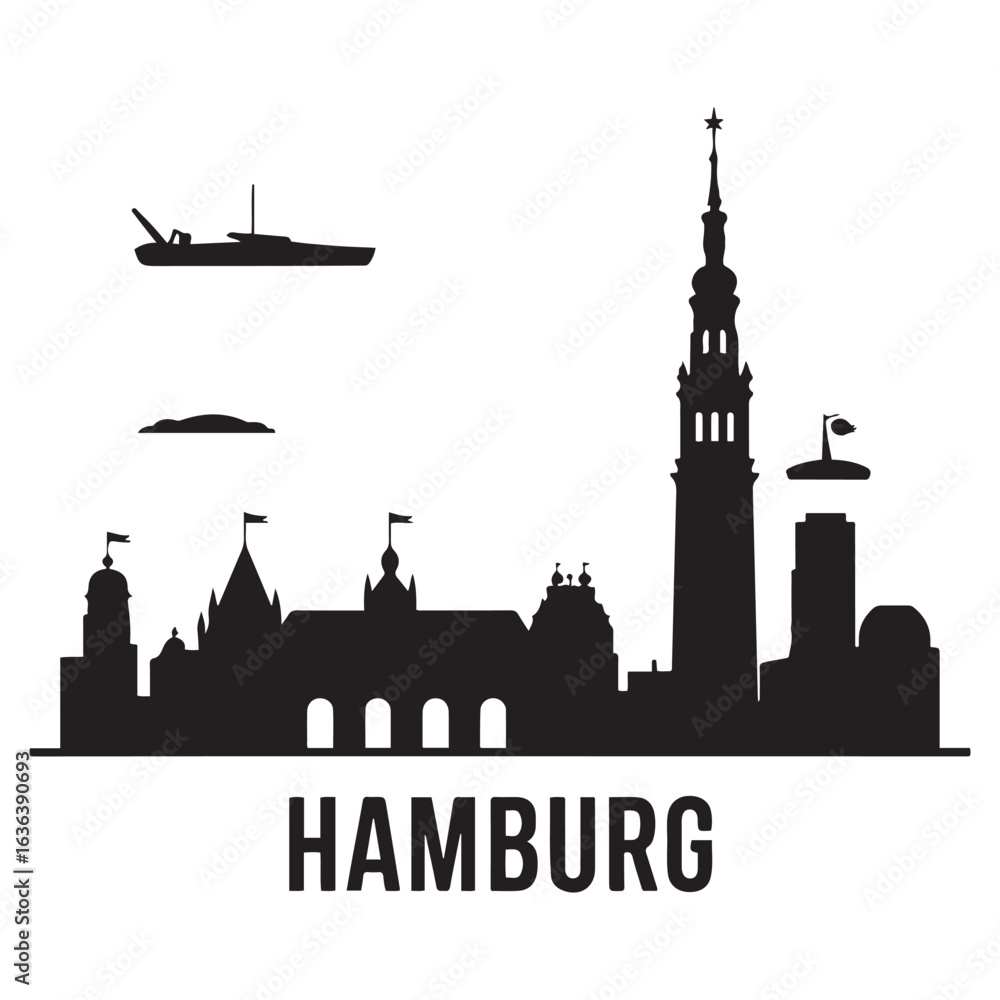 Naklejka premium Hamburg skyline. Vector illustration. Vector black silhouette. with white background.