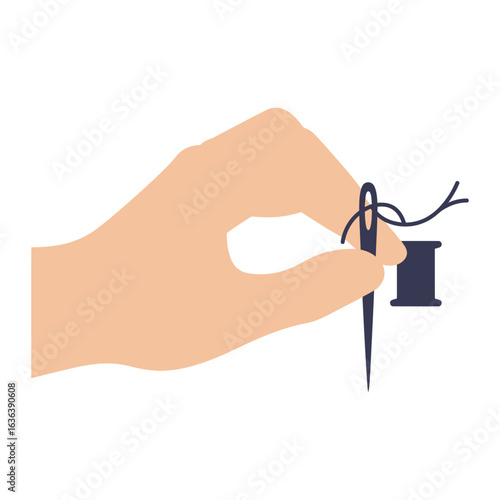 Hand Holding Needle with Thread for Sewing or Embroidery