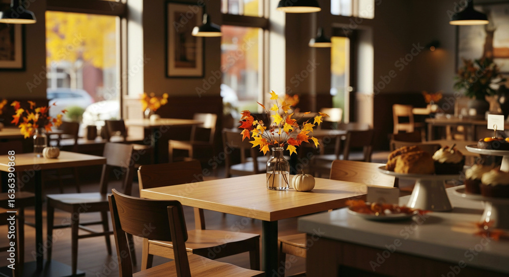 Warm and inviting cafe interior decorated for autumn with cozy tables and treats
